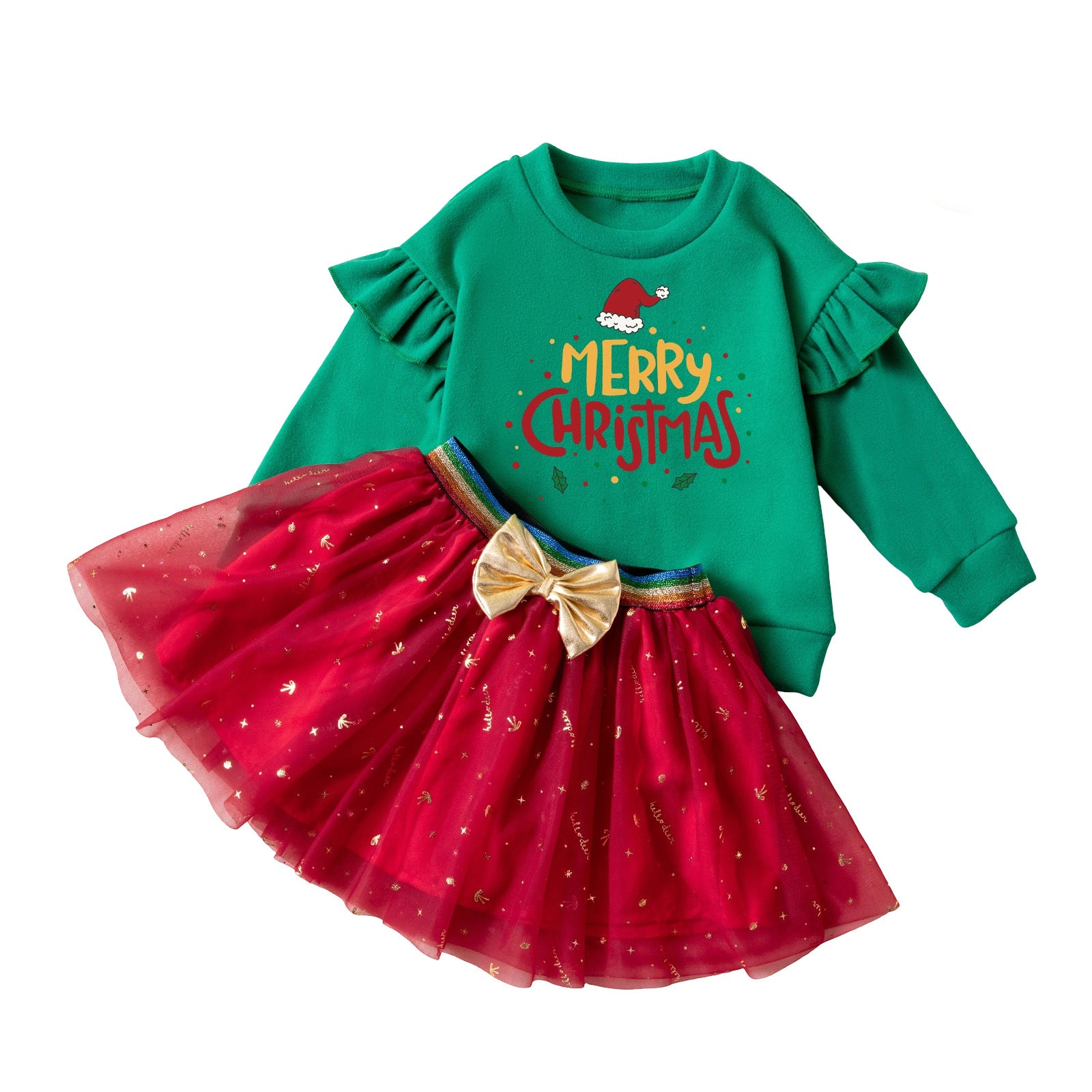 Wholesale Christmas Girls Two Piece Outfit Green Printed Long Sleeve Sweatshirt And Gold Glitter Tulle Skirt Boutique Gift For Resale