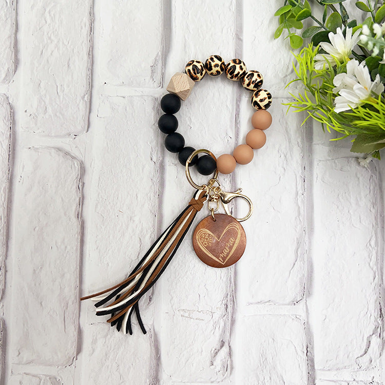 Wholesale Leopard Print Wooden Beads Silicone Beads Bracelet Keychain