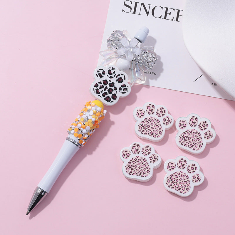 Wholesale 10pcs beaded pen with UV embossed leopard print cat paw loose beads