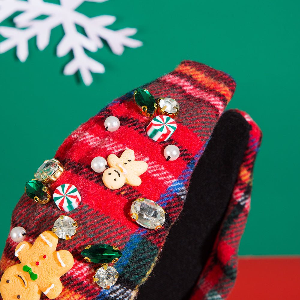Wholesale Christmas Gingerbread Man Diamond and Pearl High Skull Headband
