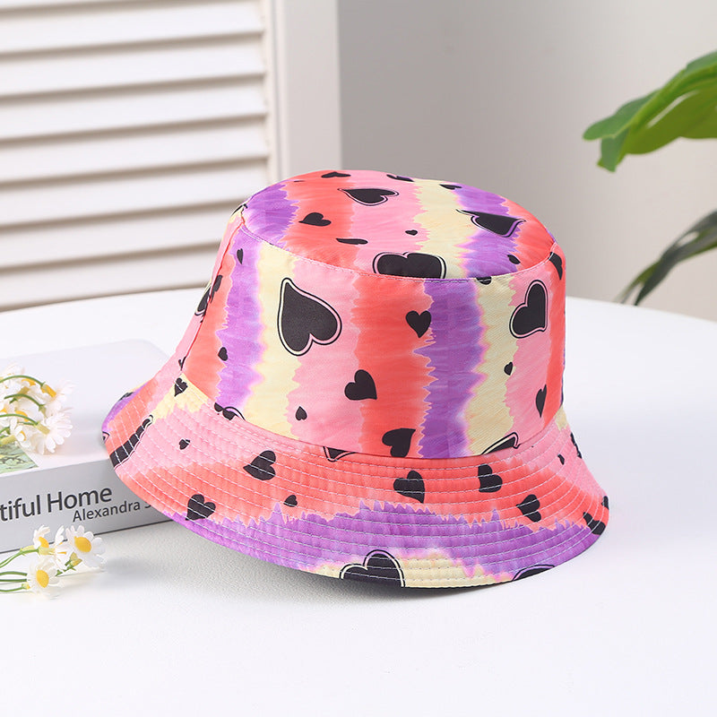Hearting Heart Printing Tie Dye Color Block Polyester Sun Bucket Sombrero de cubo de Sunshade