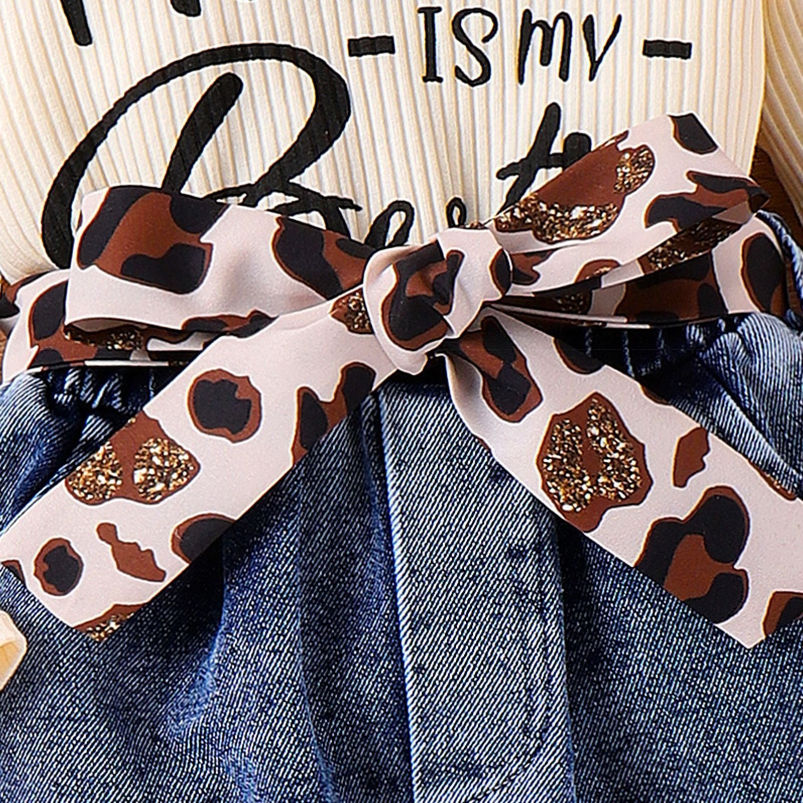 Wholesale Autumn and Winter Top Patchwork Leopard Print Fly Sleeves Denim Ripped Hole Baby Clothes