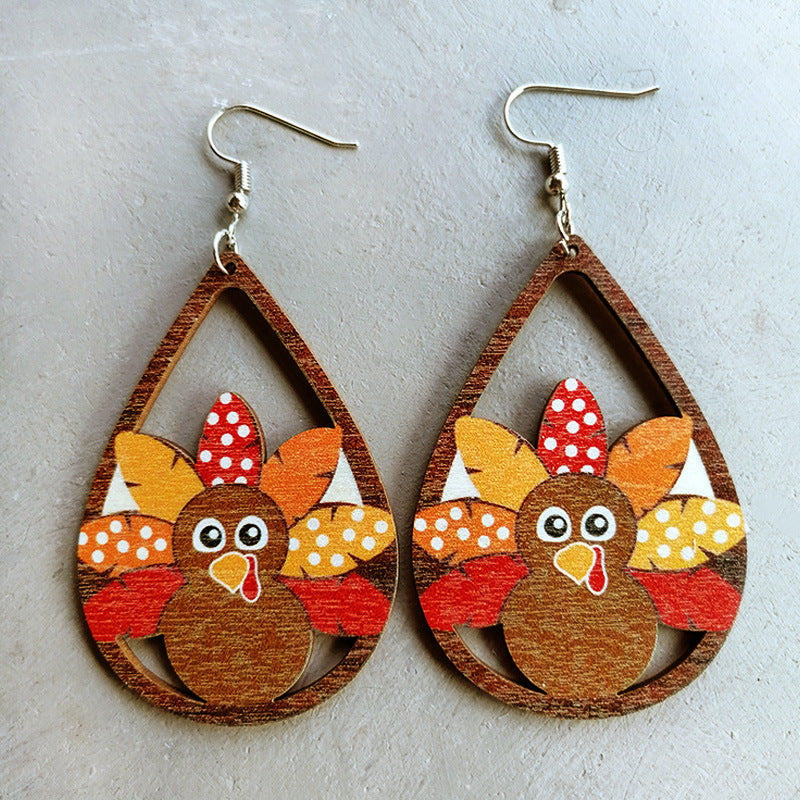 Wholesale Thanksgiving Turkey Water Drop Polka Dot Wooden Earrings