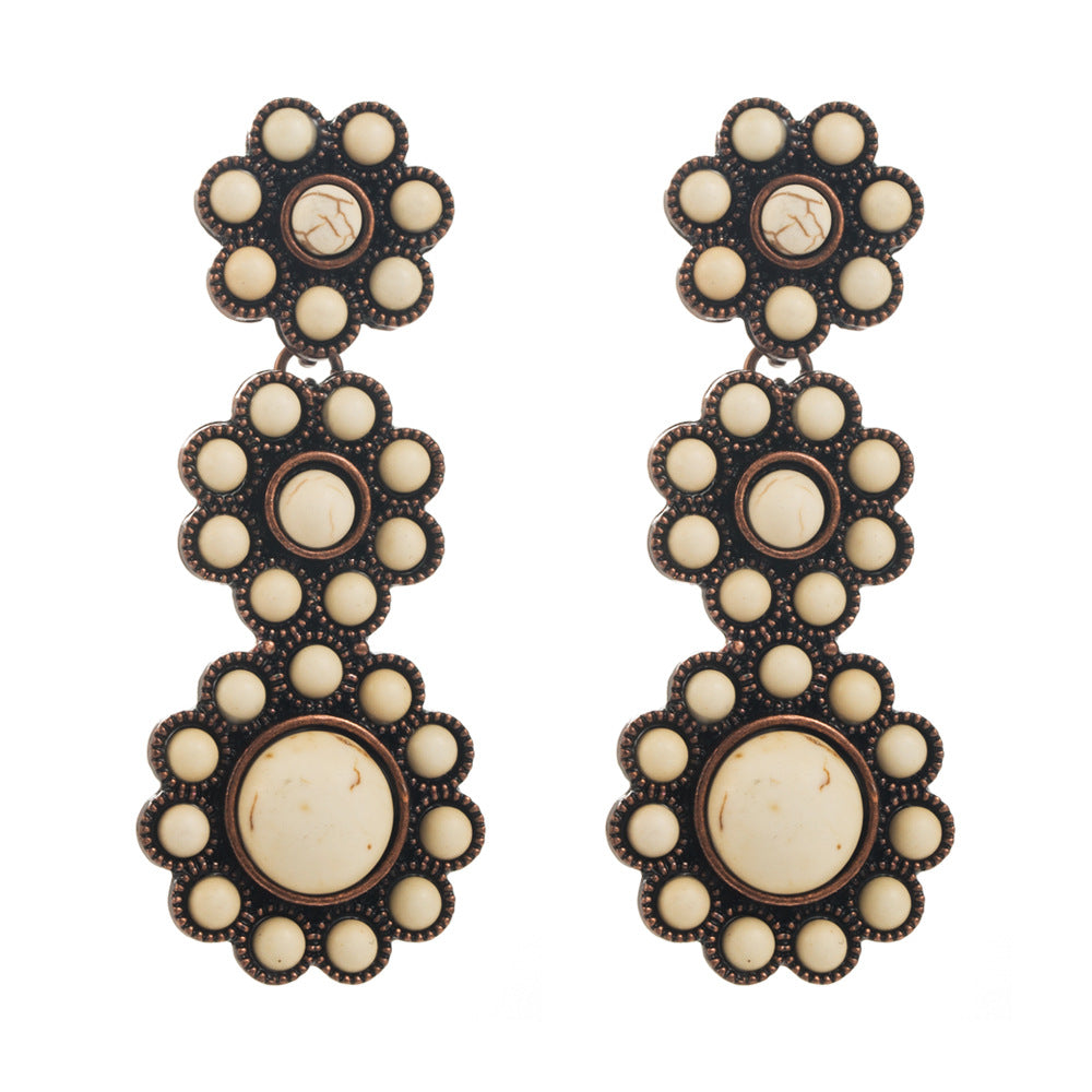 Wholesale Exaggerated turquoise retro geometric multi-layer long earrings