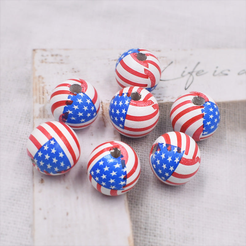 Wholesale 10PCS American Independence Day Colorful Printed American Flag DIY Wooden Beads