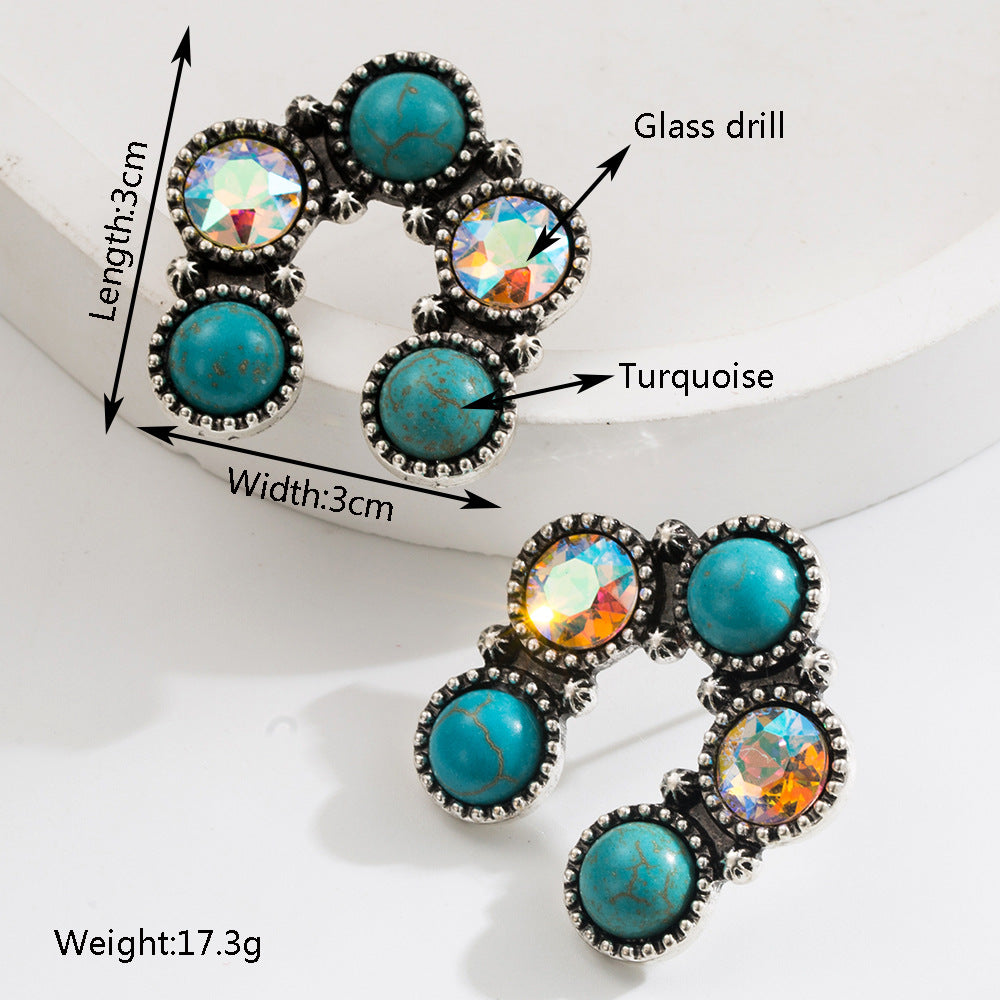 Wholesale Ethnic retro diamond turquoise geometric pendant earrings