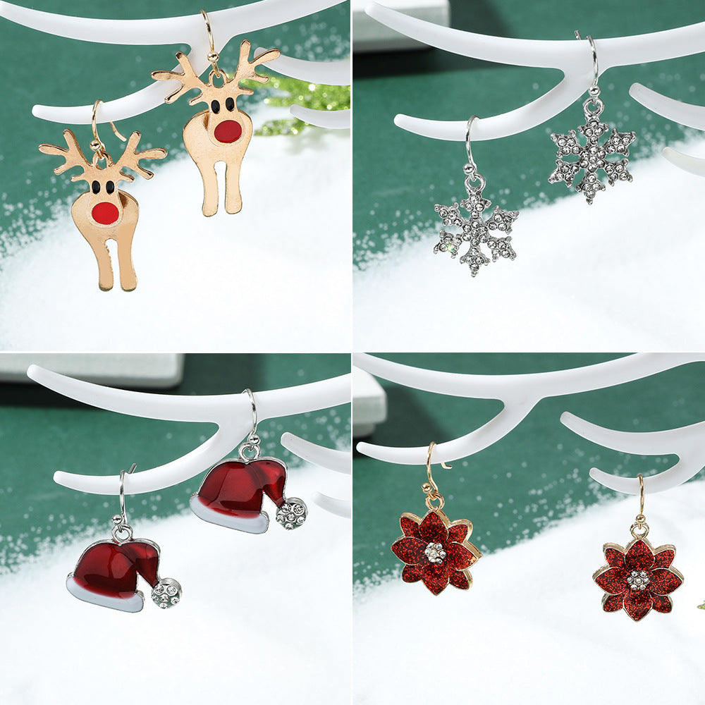 Wholesale Christmas Fashion Cute Alloy Oil Dripping Elk Snowflake Earrings