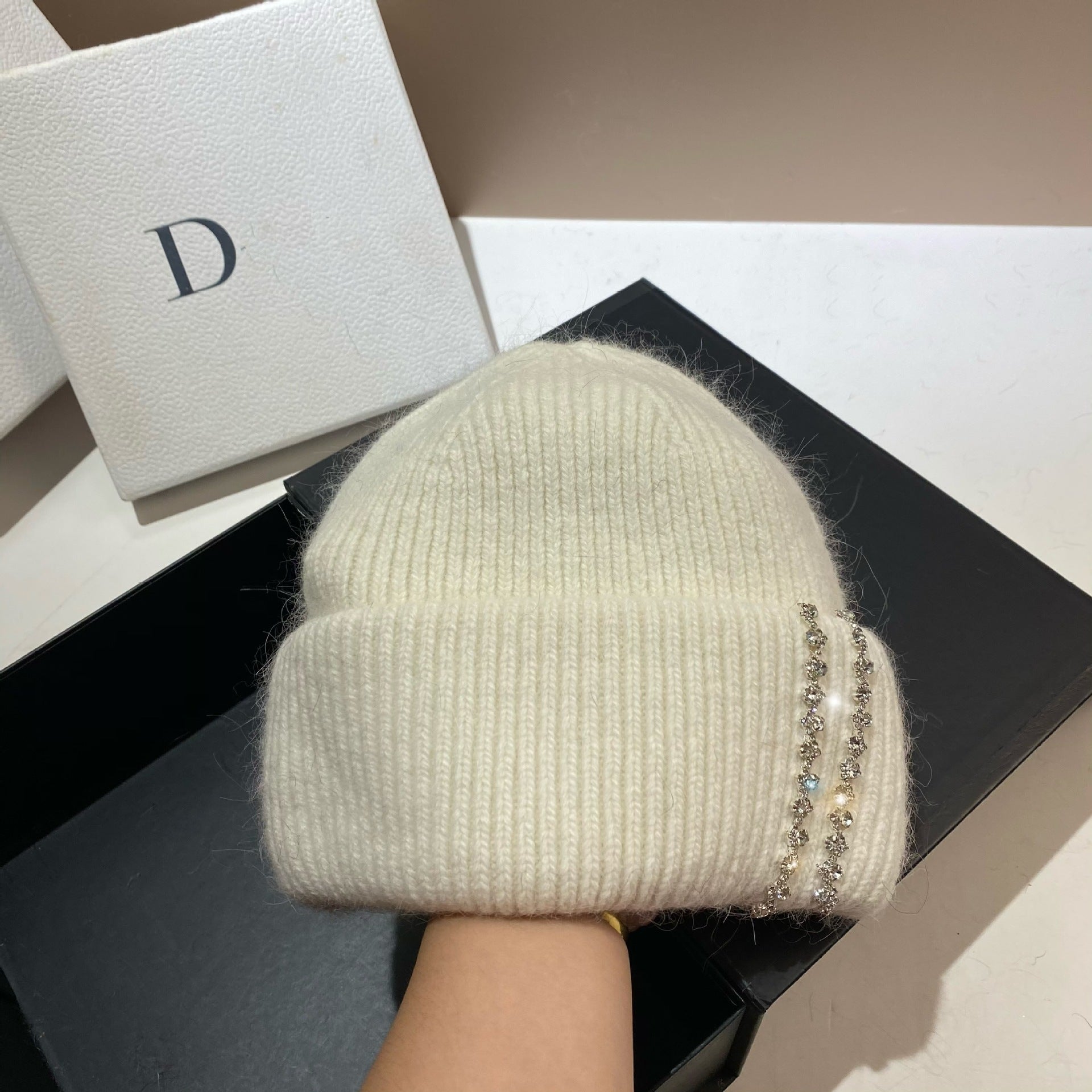 Wholesale Long Rabbit Fur Bi-fold Knitted Rhinestone Beanie