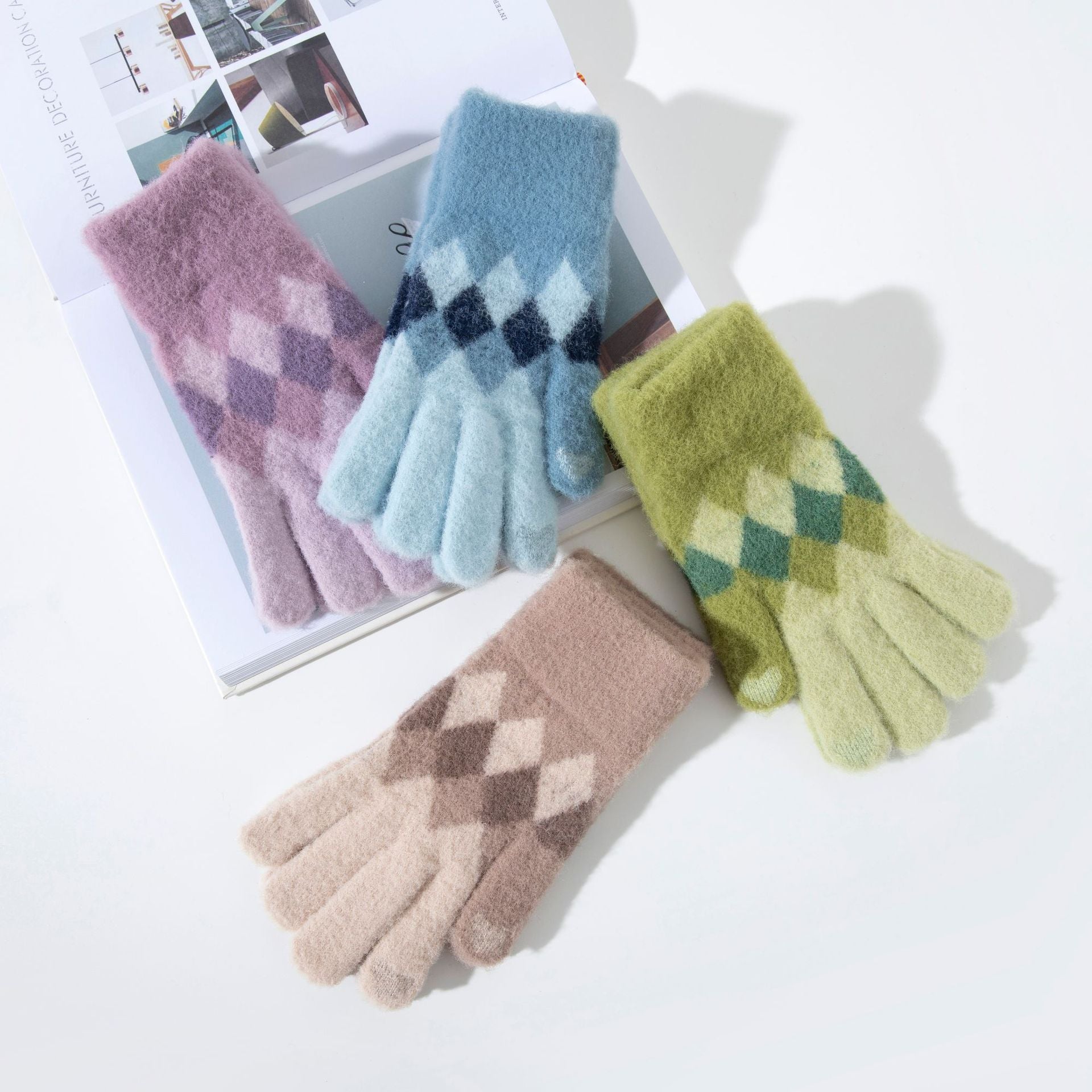 Wholesale Imitation Mink Rhombus Knitted Plush Cold-proof and Warm Touch Screen Gloves