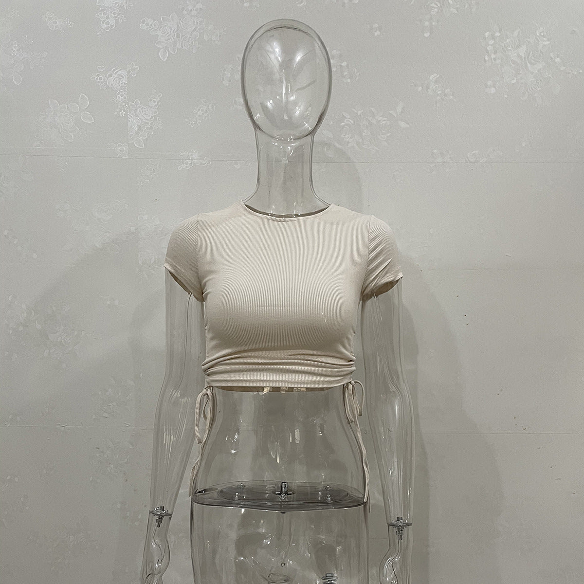 Wholesale Fashion Sexy Navel Stripe Short Drawstring Round Neck Short Sleeve