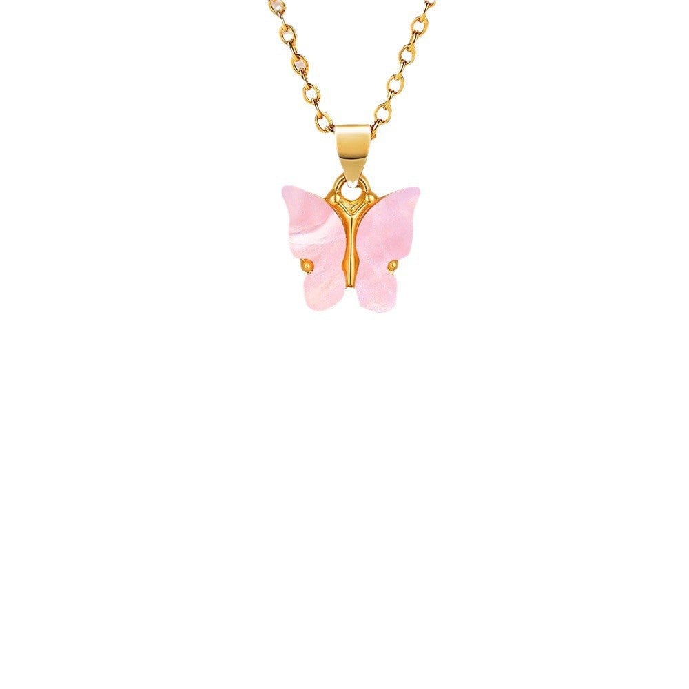 Wholesale Stainless Steel Pink Butterfly Pendant Necklace Fashion Jewelry Gift For Daughter Granddaughter