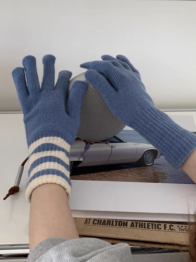 Wholesale Winter AB Version Striped Knitted Fingerless Touch Screen Cycling Warm Wool Gloves