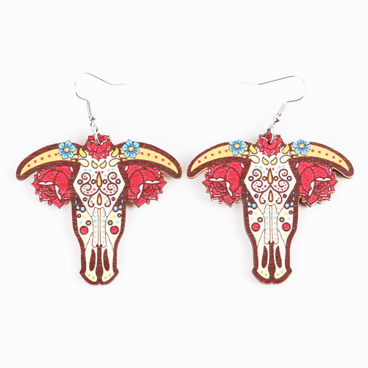 Wholesale Western Style Sunflower Cow Head Boots Wood Chip Hollow Earrings