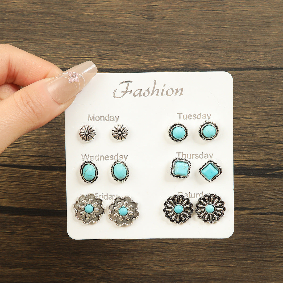 Wholesale 6 Pair Retro Turquoise Geometric Stud Earrings Ethnic Style Zinc Alloy Jewelry Set For Women