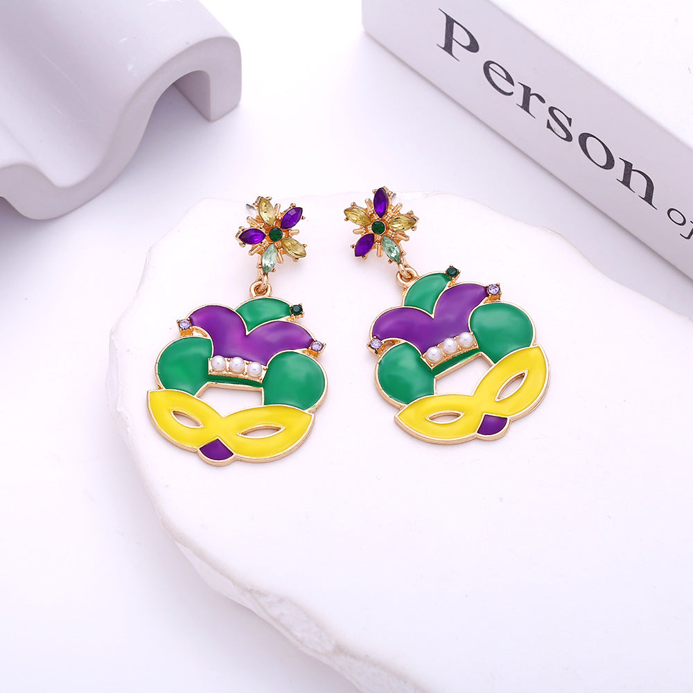 Wholesale alloy dripping oil Diamond Irish mask earrings carnival hat earrings