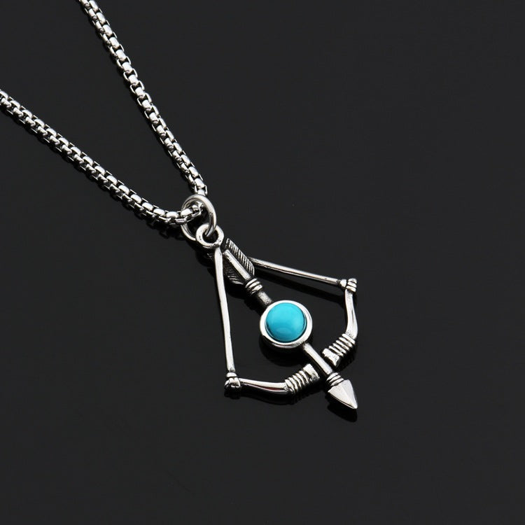 Wholesale Titanium Steel Turquoise Bow And Arrow Pendant Necklace Unisex Hip Hop Fashion Jewelry Gift