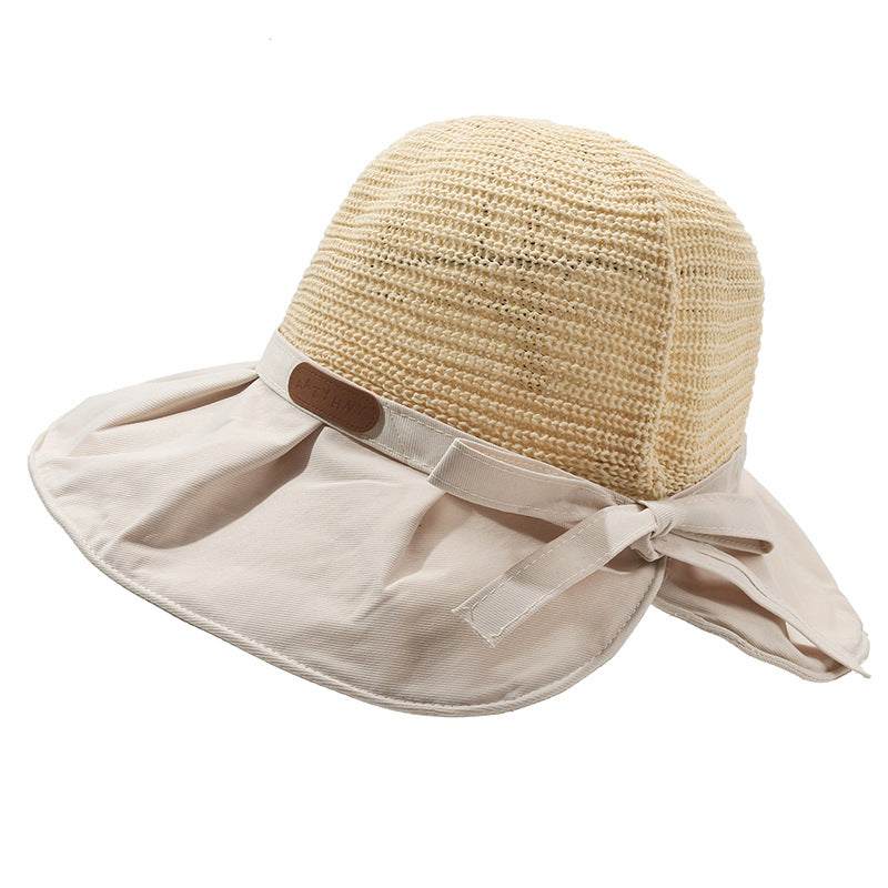 Wholesale Letter Logo Hollow Straw Knitted Large Brim Bucket Hat with Back Slit
