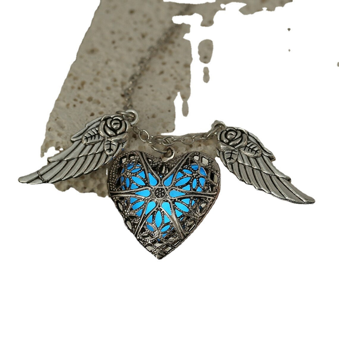Wholesale Heart Shape Luminous Lock with Rose Wings Alloy Necklaces