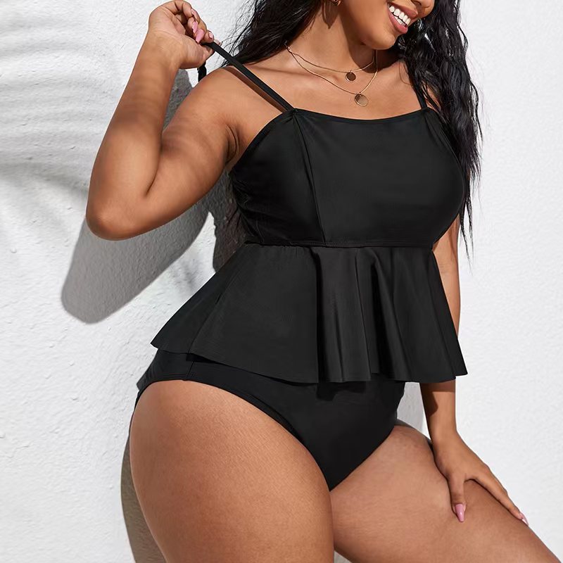 Wholesale Large Size Solid Color Black Split High Waist Bikini Swimwear