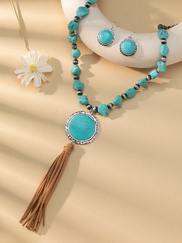 Wholesale Vintage Round Turquoise Pendant Necklace Earrings Set