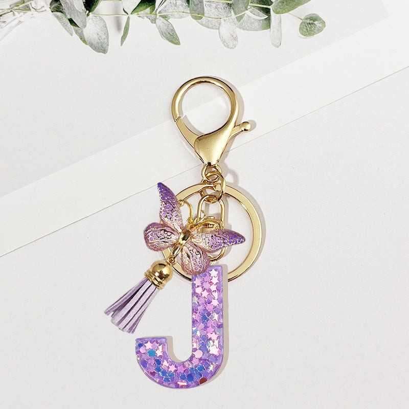 Wholesale Pink sequined butterfly 26 letter Sequin Keychain