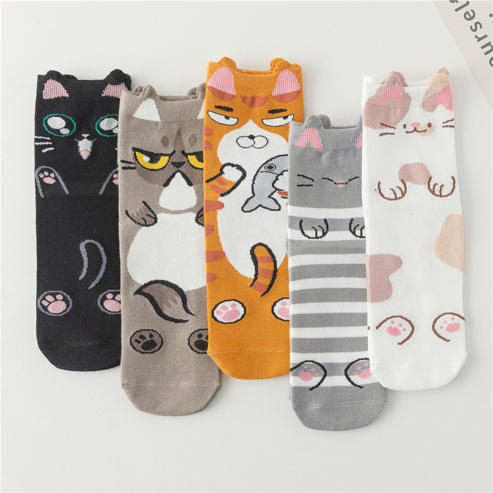Wholesale 5 pairs of spring and autumn women's cartoon butt cat cute love cotton socks