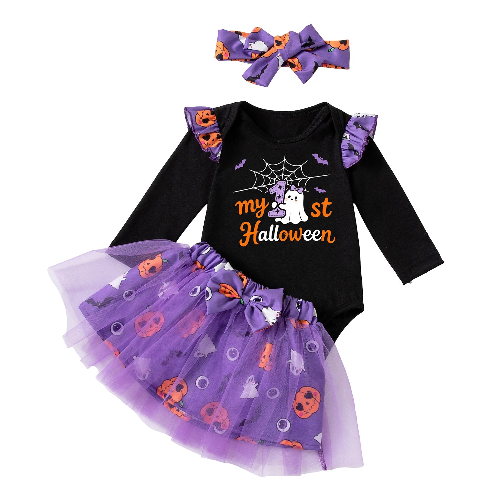 Wholesale Cute  Baby Girl Outfit Set Long Sleeve Ghost Pumpkin Skirt And Socks
