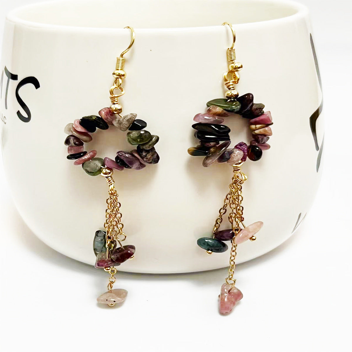 Wholesale Crystal Colorful Sweet Natural Crushed Stone Tassel Earrings