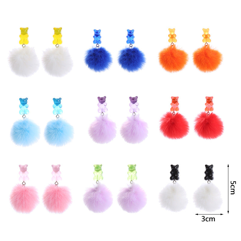 Wholesale Bear Candy Color Fur Ball Earrings