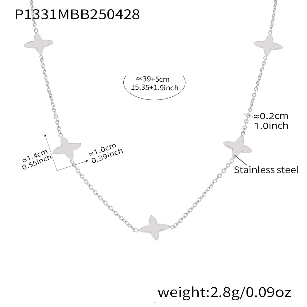 Wholesale Round Beads and Zirconia Stacked Lucky Four-Leaf Flower Small Necklace