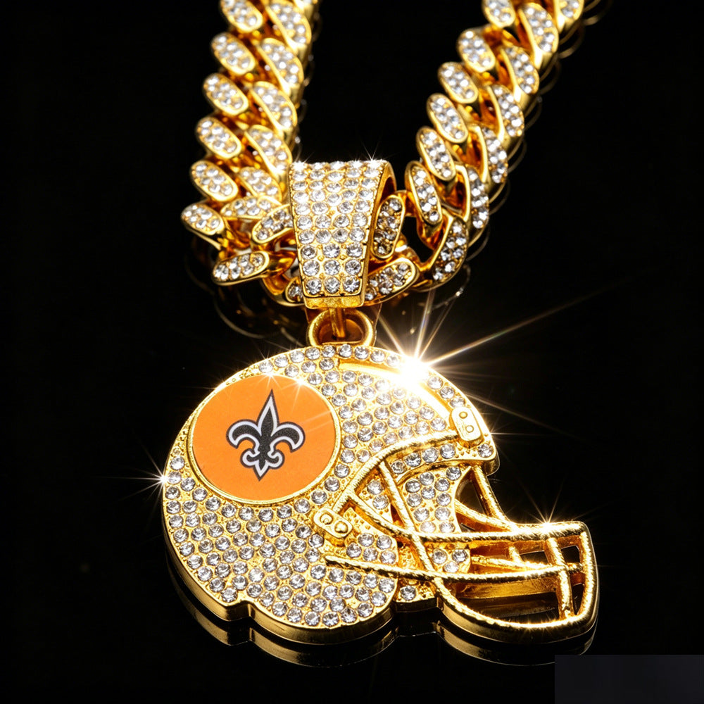 Wholesale Gold Tone Rhinestone Football Helmet Pendant Necklace Zinc Alloy Cuban Chain Trendy Boutique Jewelry Accessory
