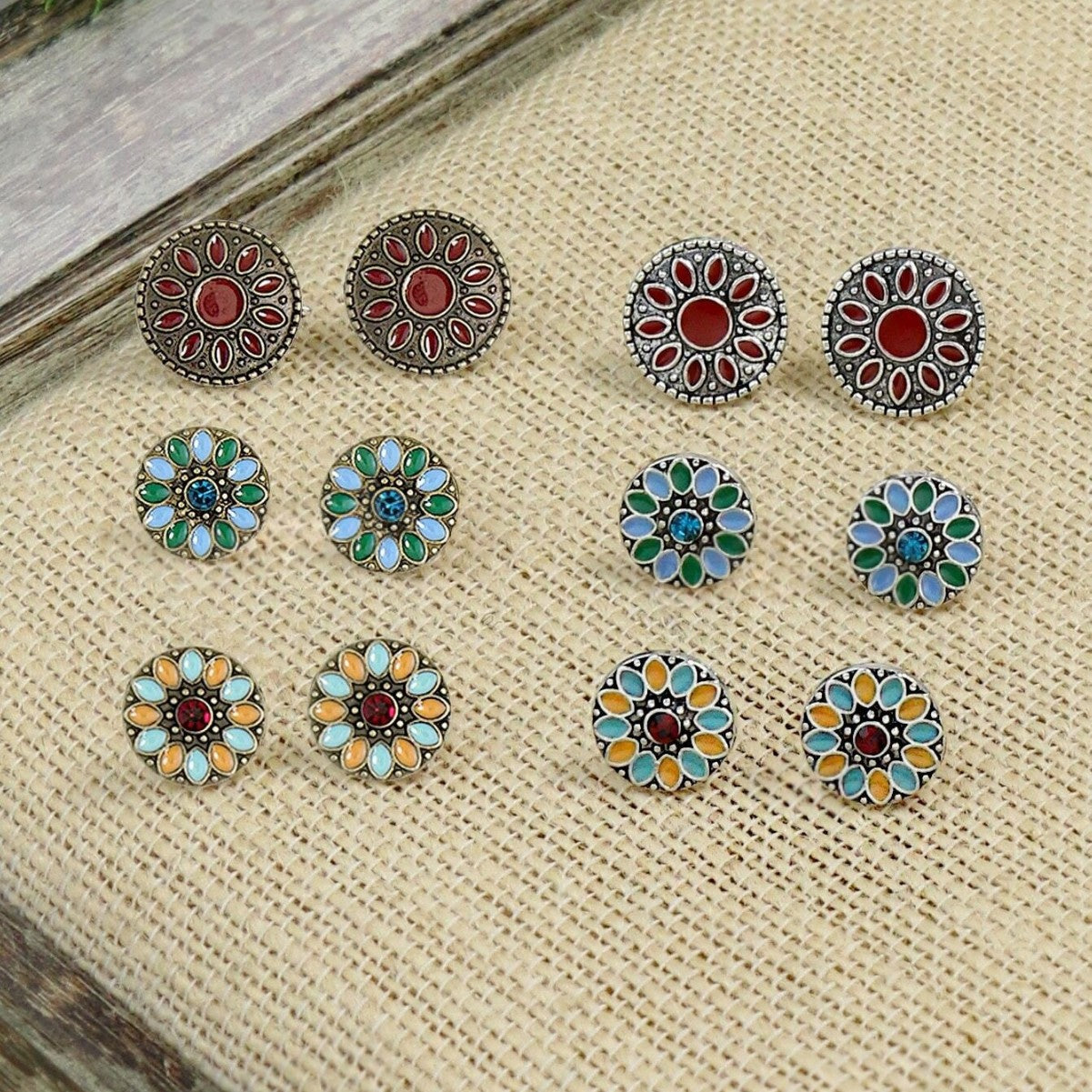 Wholesale Retro Bohemian Colorful Enamel Stud Earrings Ethnic Style Jewelry Accessory Zinc Alloy 6 Pairs Gift Resale