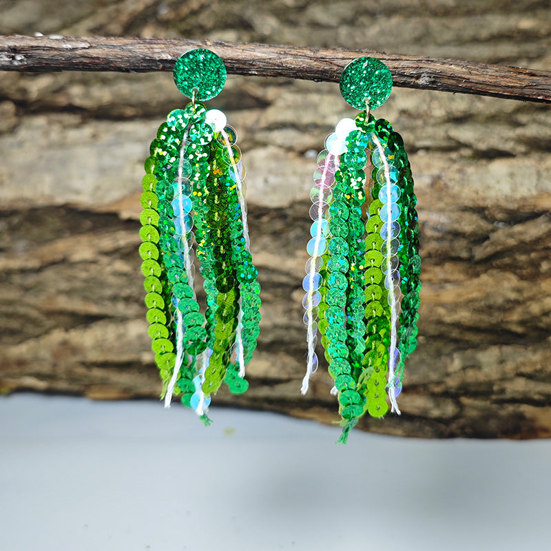 Wholesale Shiny Laser Green Sequin Round Tassel San Patrick Atmosphere Earrings
