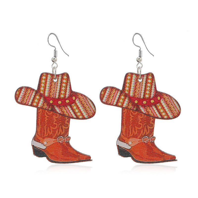 Wholesale Cartoon Sheep Head Cactus Boots Small Flame Cowboy Hat Shoes Wooden Painted Earrings