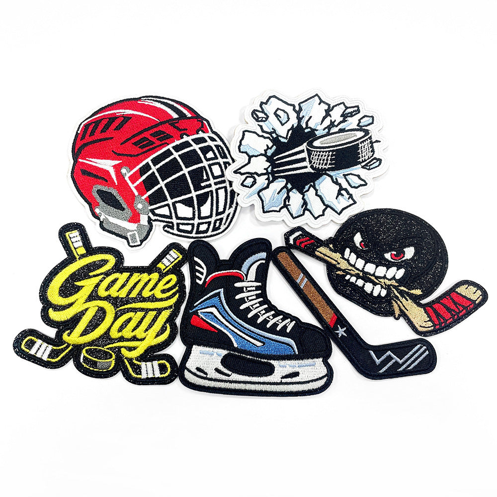 Wholesale Ice Hockey Theme Embroidered Patches Iron On DIY Adhesive Polyester For Clothing Helmets