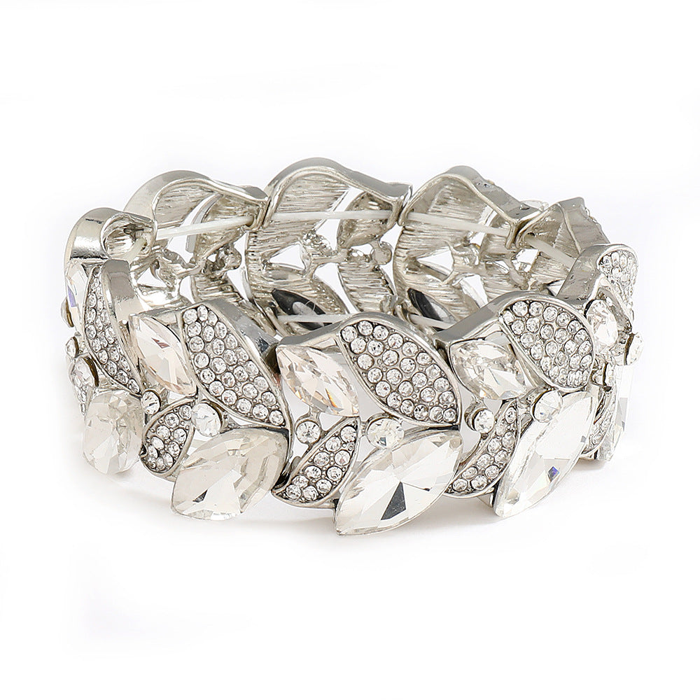 Wholesale Leaf Rhinestone Elastic Bangle Bracelet Golden White Alloy Jewelry Accessory Stylish Gift Boutique Resale