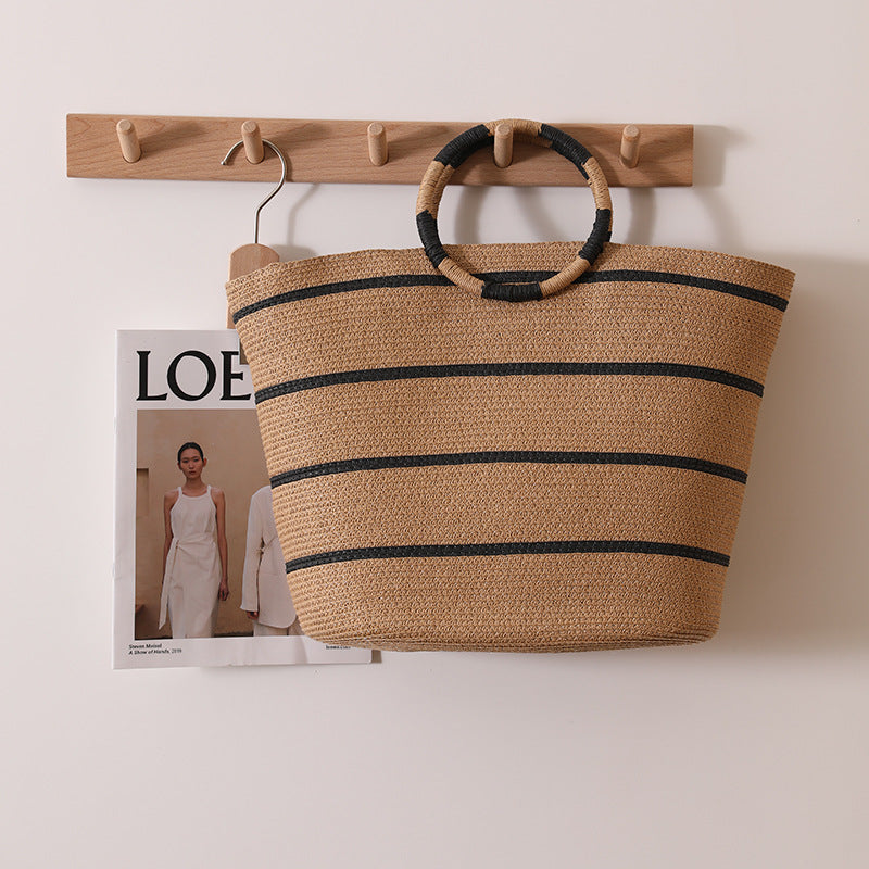 Wholesale Striped Tote Ring Portable Large-capacity Seaside Holiday Beach Bag Straw Bag