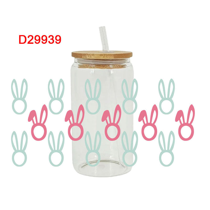 Wholesale Pink Cartoon Easter Bunny 16oz Cup UV DTF Wraps