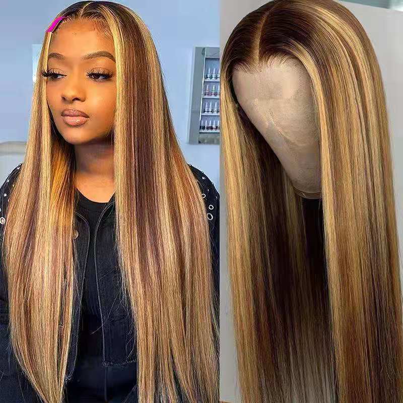 Wholesale Wigs for women brown gold gradient long straight rose net wig set
