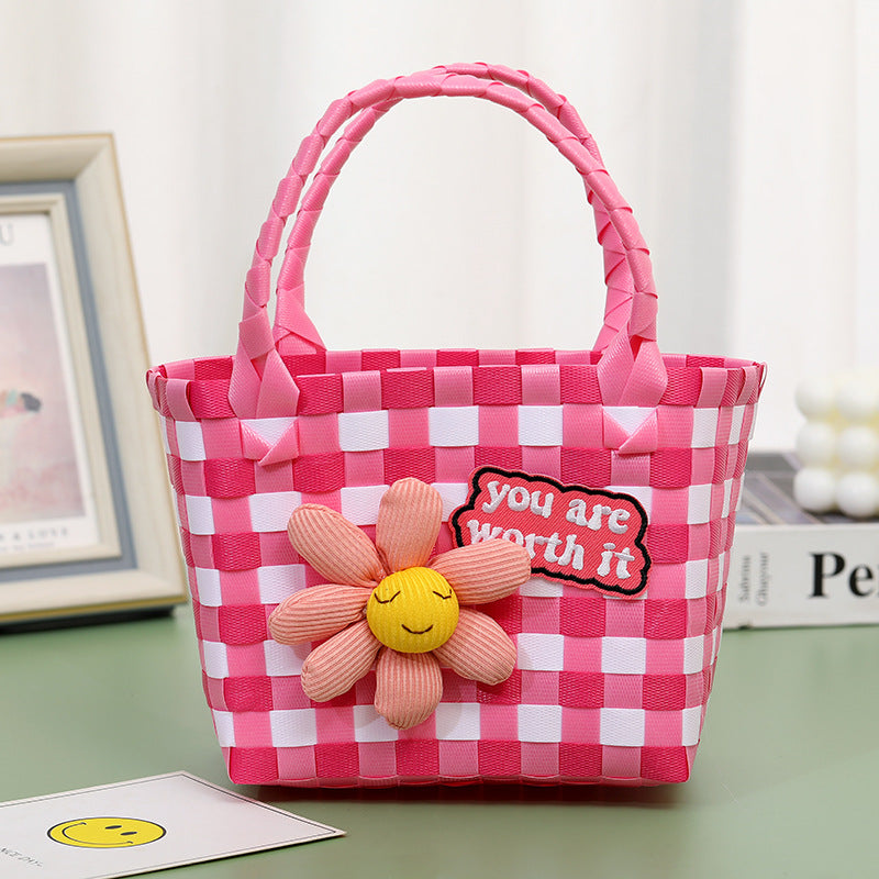 Wholesale Children's flower cute summer beach colorful literary hand-woven handbag