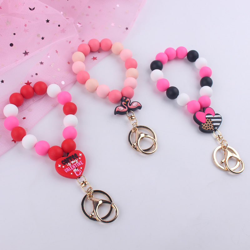 Wholesale Cartoon Valentine's Day Leopard Print Love Swan Silicone Beaded Wrist Keychain