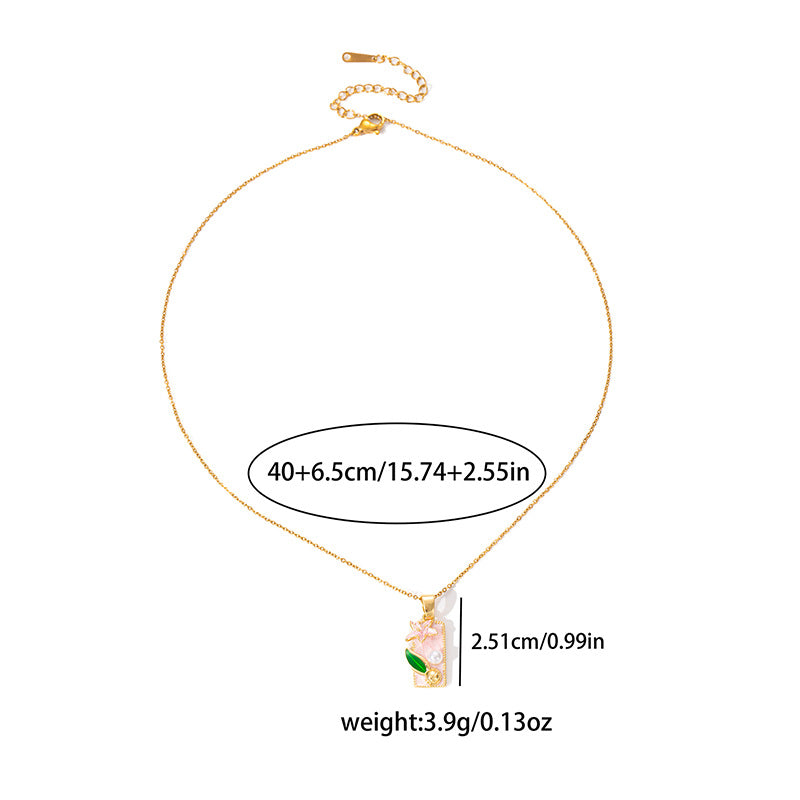 Wholesale Medieval Oil Painting Style Square Lily Necklace for Women French Retro Drip Glaze Design Clavicle Chain Exquisite High-End Necklace