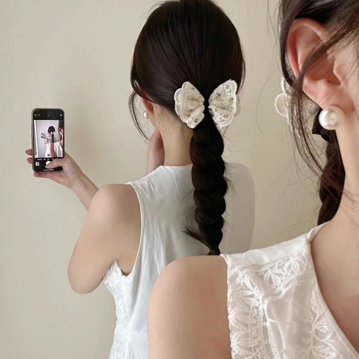 Wholesale Sweet Bow Thousand Gold Hair Ring Lace Double Gentle Rubber Tendon Fashion Embroidered Vintage Hair Rope Elegant