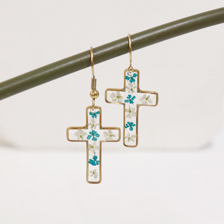 Wholesale 6pcs Resin Natural Dried Flower Cross Earrings