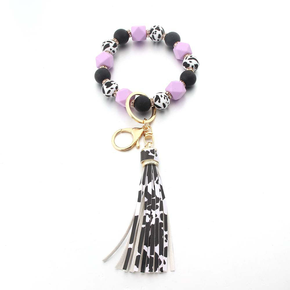 Wholesale Printed Polygonal Silicone Beads PU Leopard Tassel Keychain