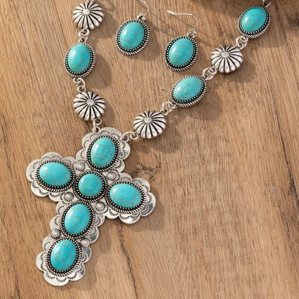 Wholesale Vintage Fashion Cross Turquoise Necklace Earrings