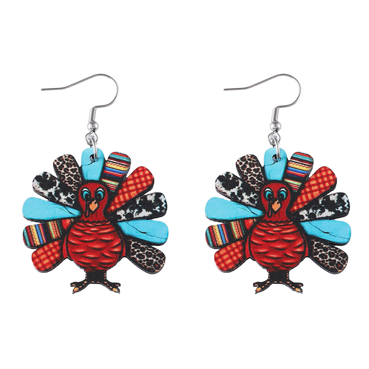 Wholesale  New Thanksgiving Leopard Print Turkey Pendant Earrings Wooden Double-Sided Autumn Harvest Thanksgiving Party Earrings