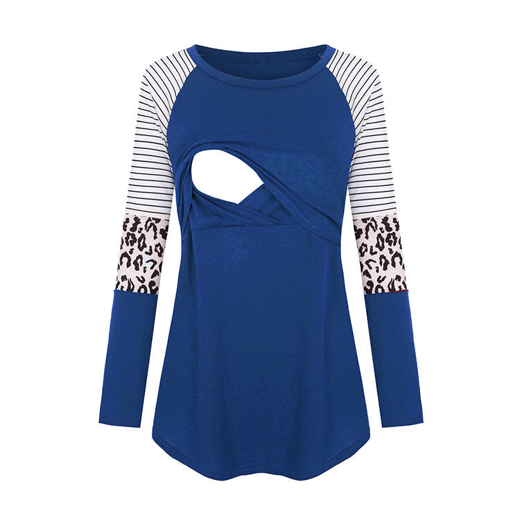 Wholesale Leopard Stripe Print Round Neck Long Sleeve Nursing Clothes Confinement Clothes
