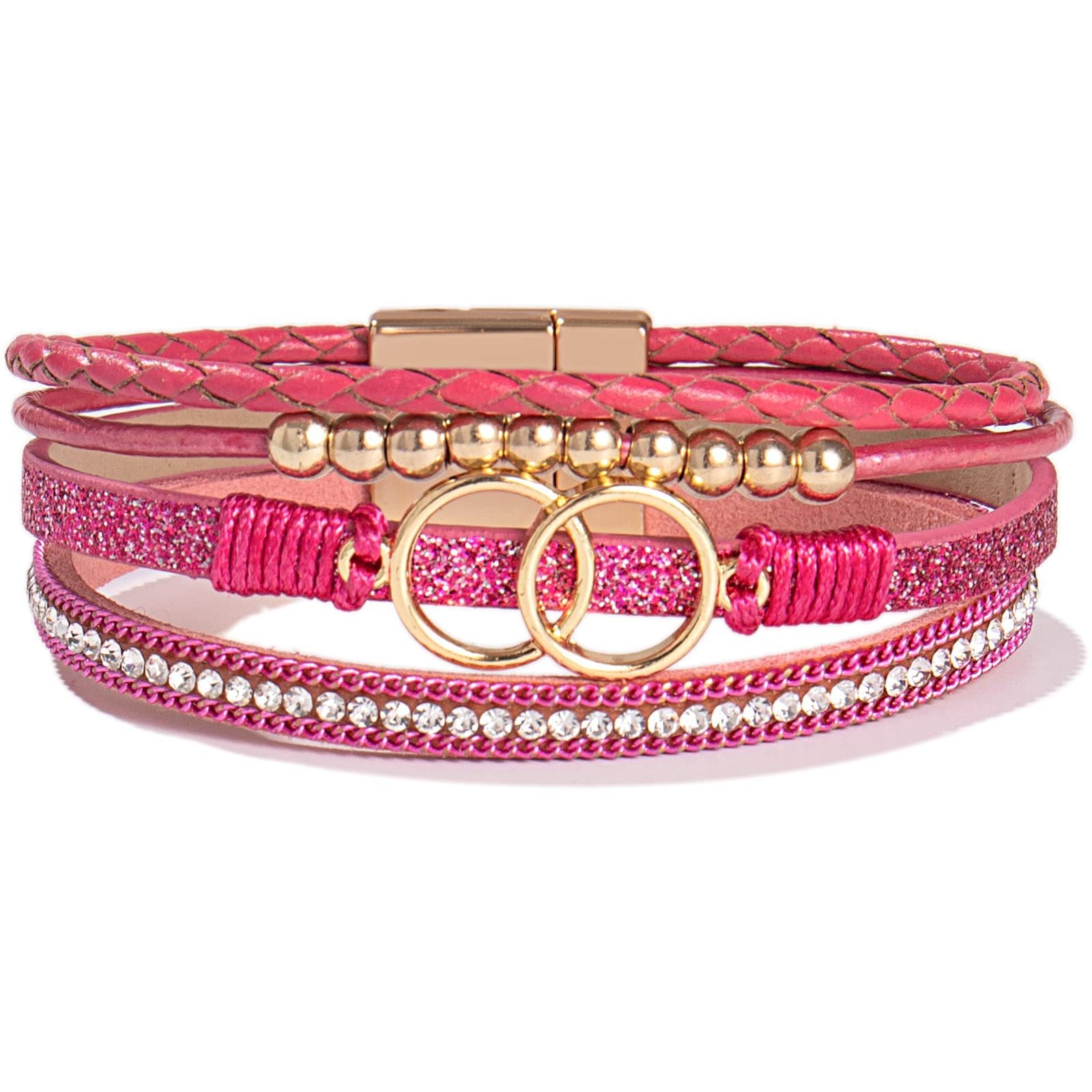 Wholesale Handmade Magnetic Clasp Diamond Encrusted Leather Bracelet