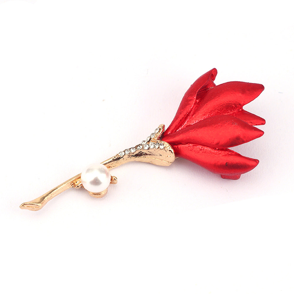 Wholesale Red rose inspired pearl studded diamond brooch
